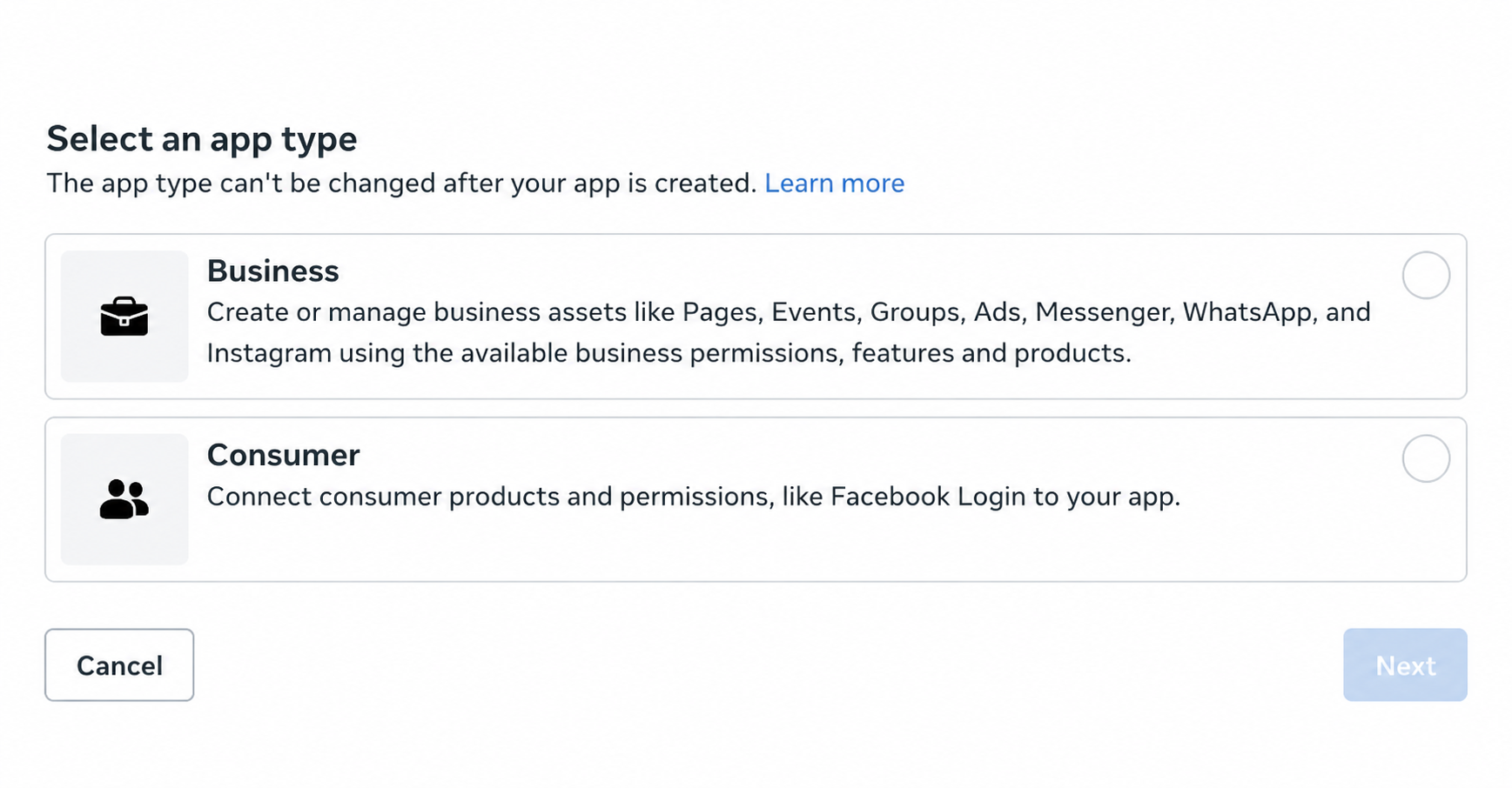 Meta app creation screen with the Business app type