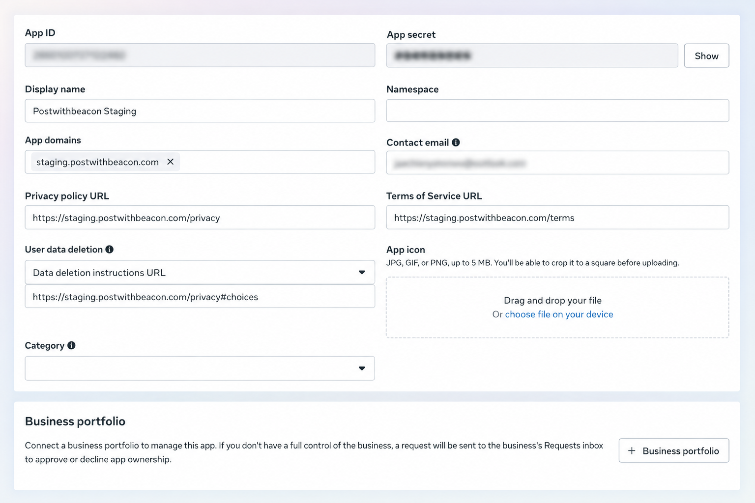 Meta Basic settings showing the domain and policy fields with identifying details blurred