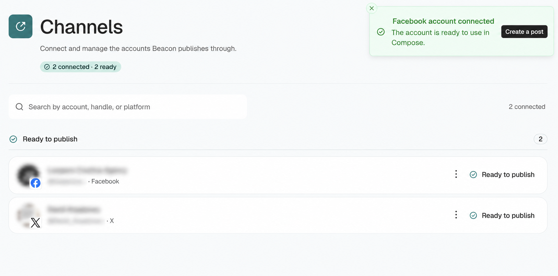 Beacon Channels with a Facebook Page marked Ready to publish and account details blurred