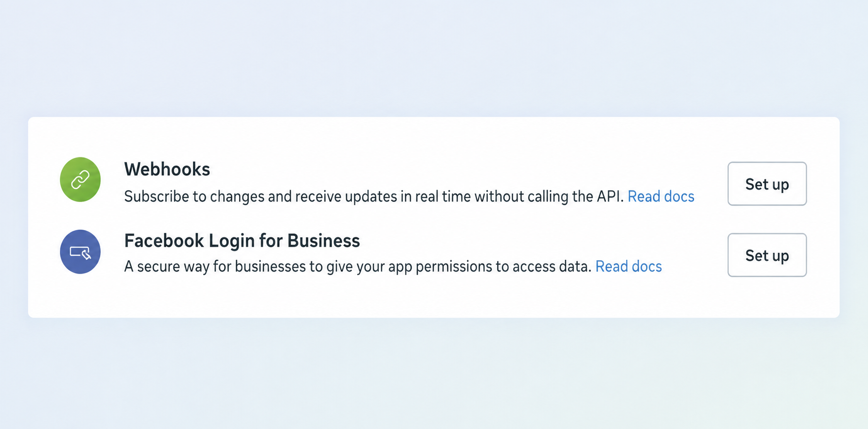 Facebook Login for Business product with its Set up button