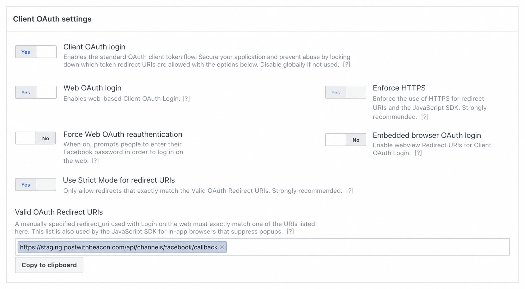 Client OAuth settings showing the redirect URI field in a test app