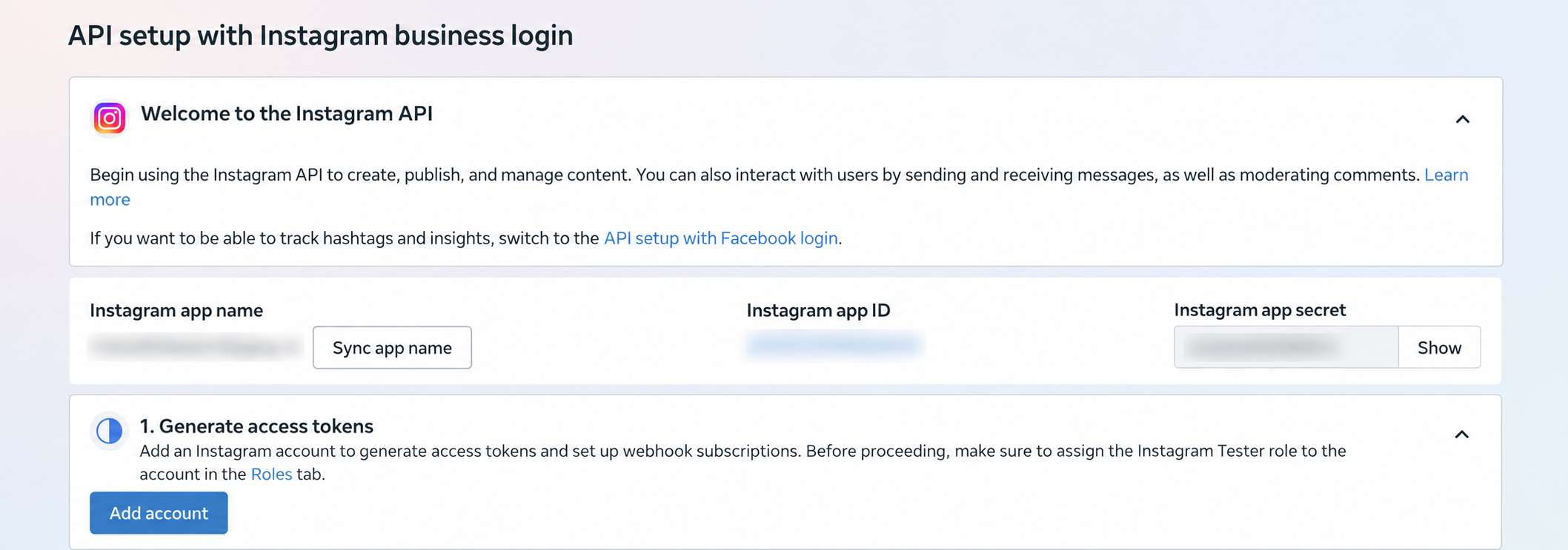 Instagram API setup with the Instagram app credentials hidden