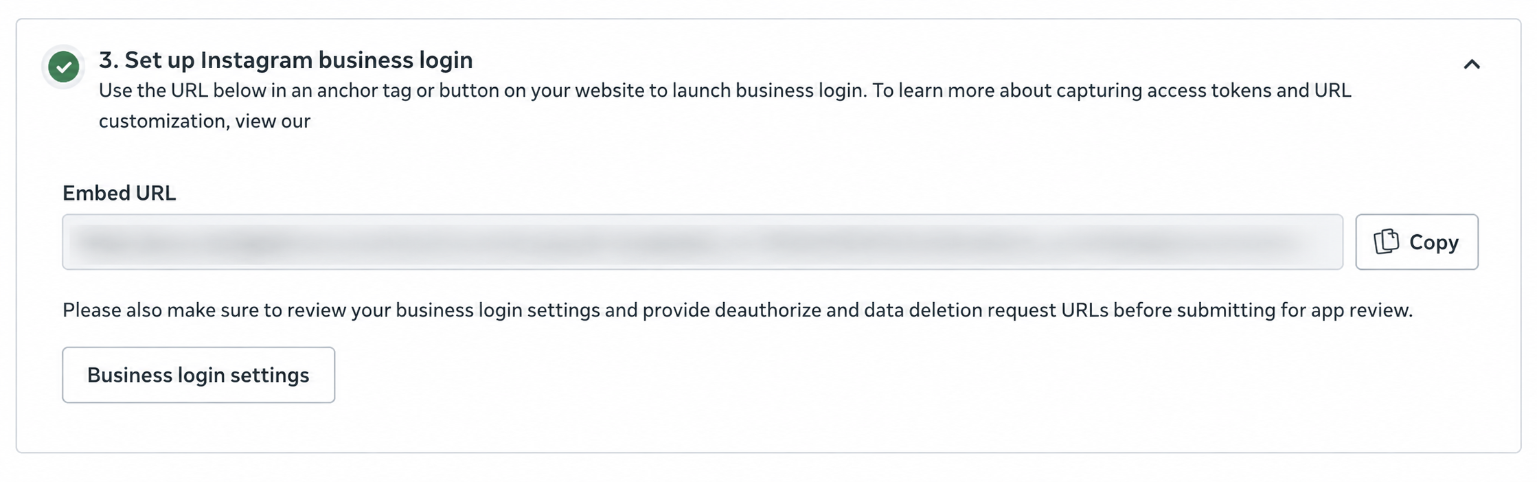 Instagram business login with the Embed URL hidden and Business login settings button visible