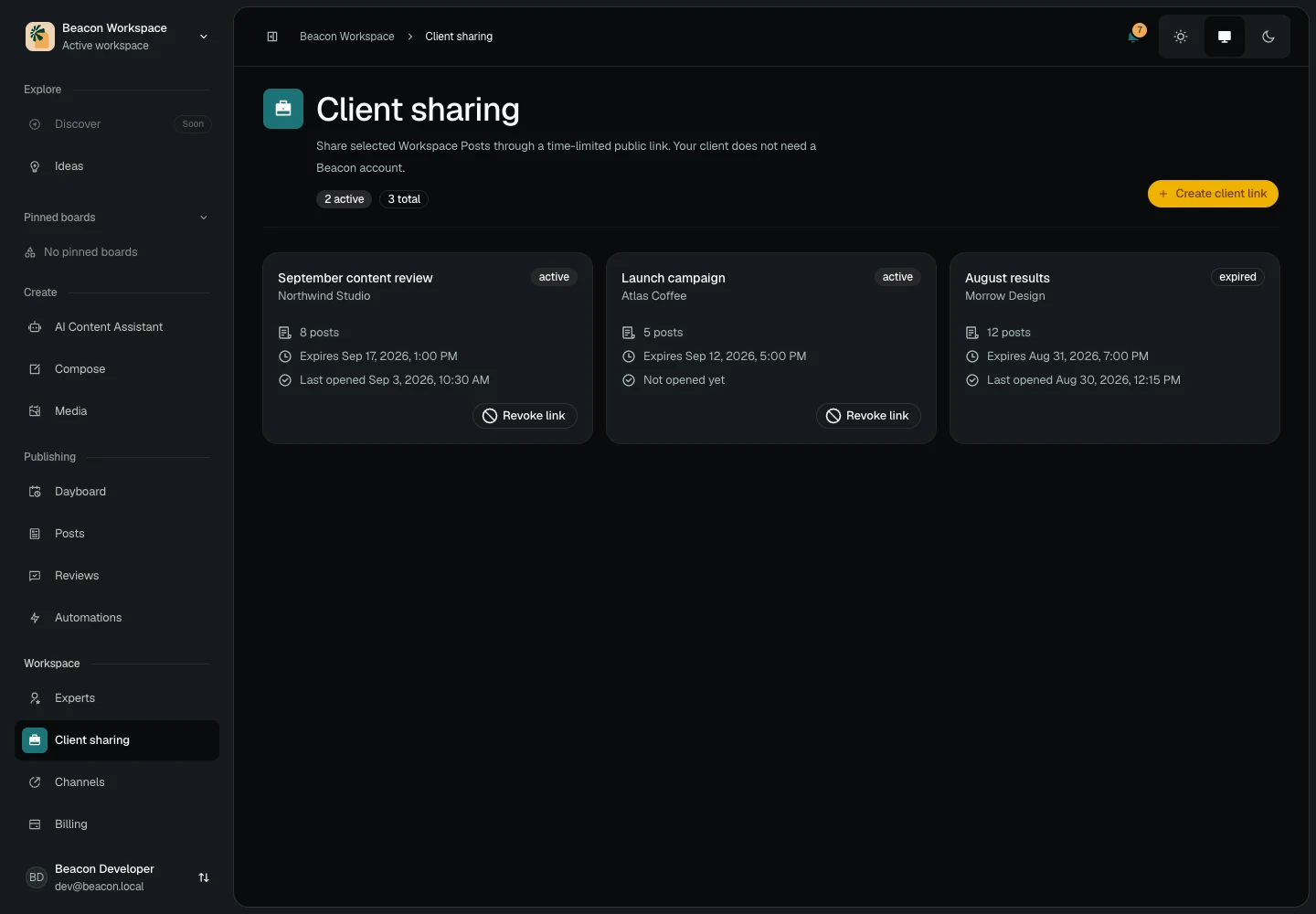 Beacon Client Sharing view showing selected Posts and expiring links.