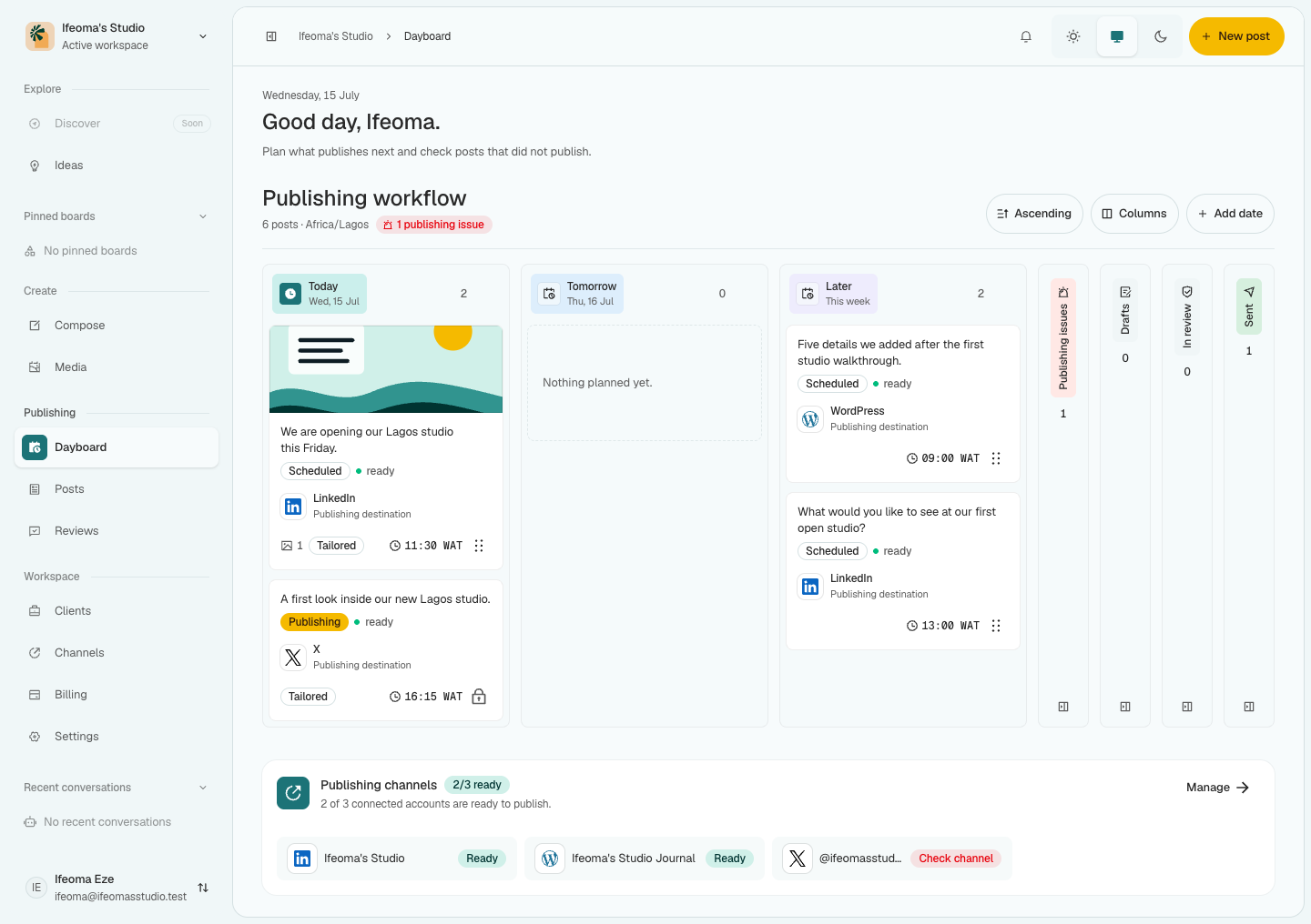 Beacon Dayboard showing the weekly publishing schedule and channel readiness.