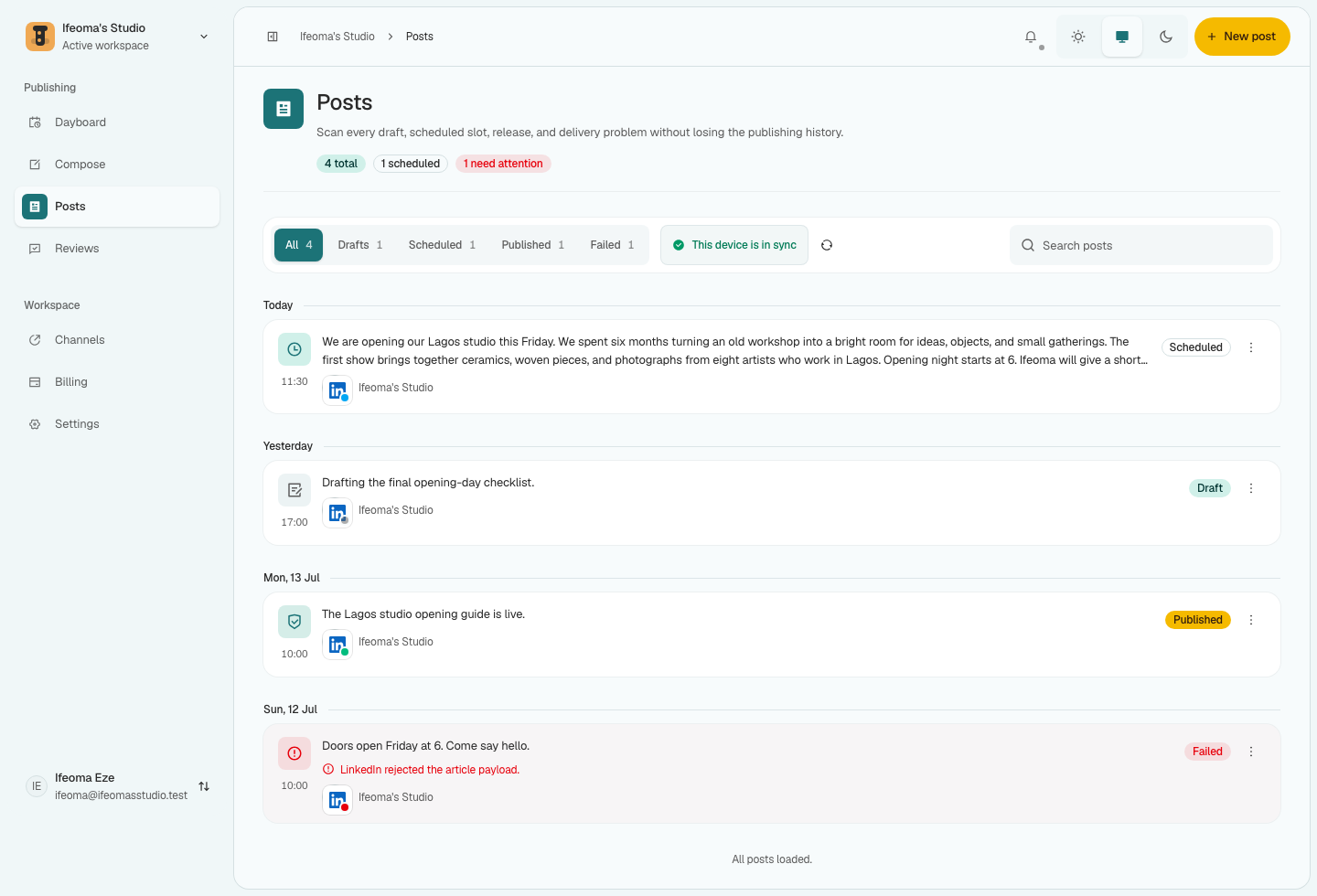 Beacon Posts showing drafts, schedules, published posts, and publishing problems.
