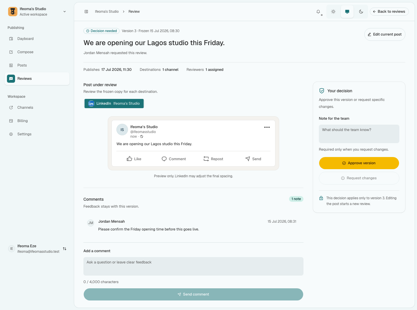 Beacon review detail showing the post preview, discussion, and approval controls.